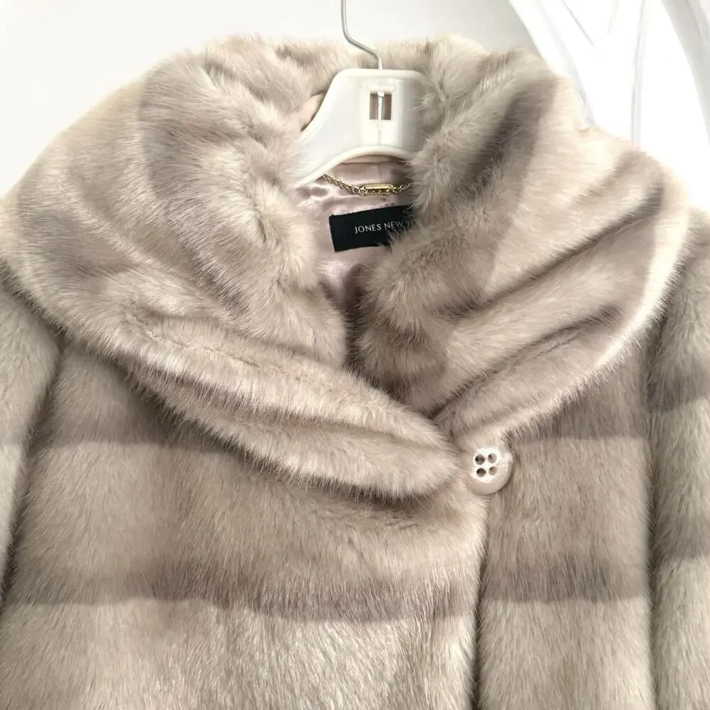 Jones New York Faux Fur mink Coat Jacket‎ Sz L Vegan Quiet Luxury Old Money EUC